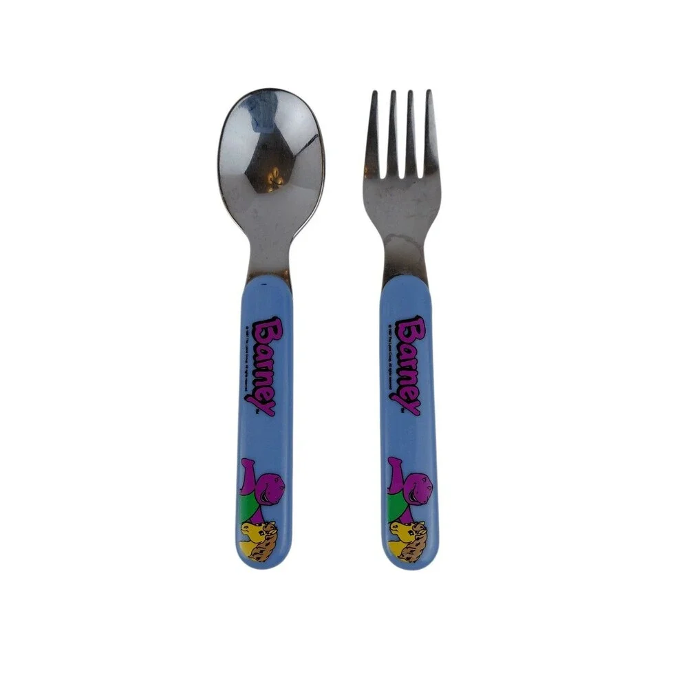 Vtg 1997 Barney The Dinosaur Blue Fork & Spoon Set Flatware